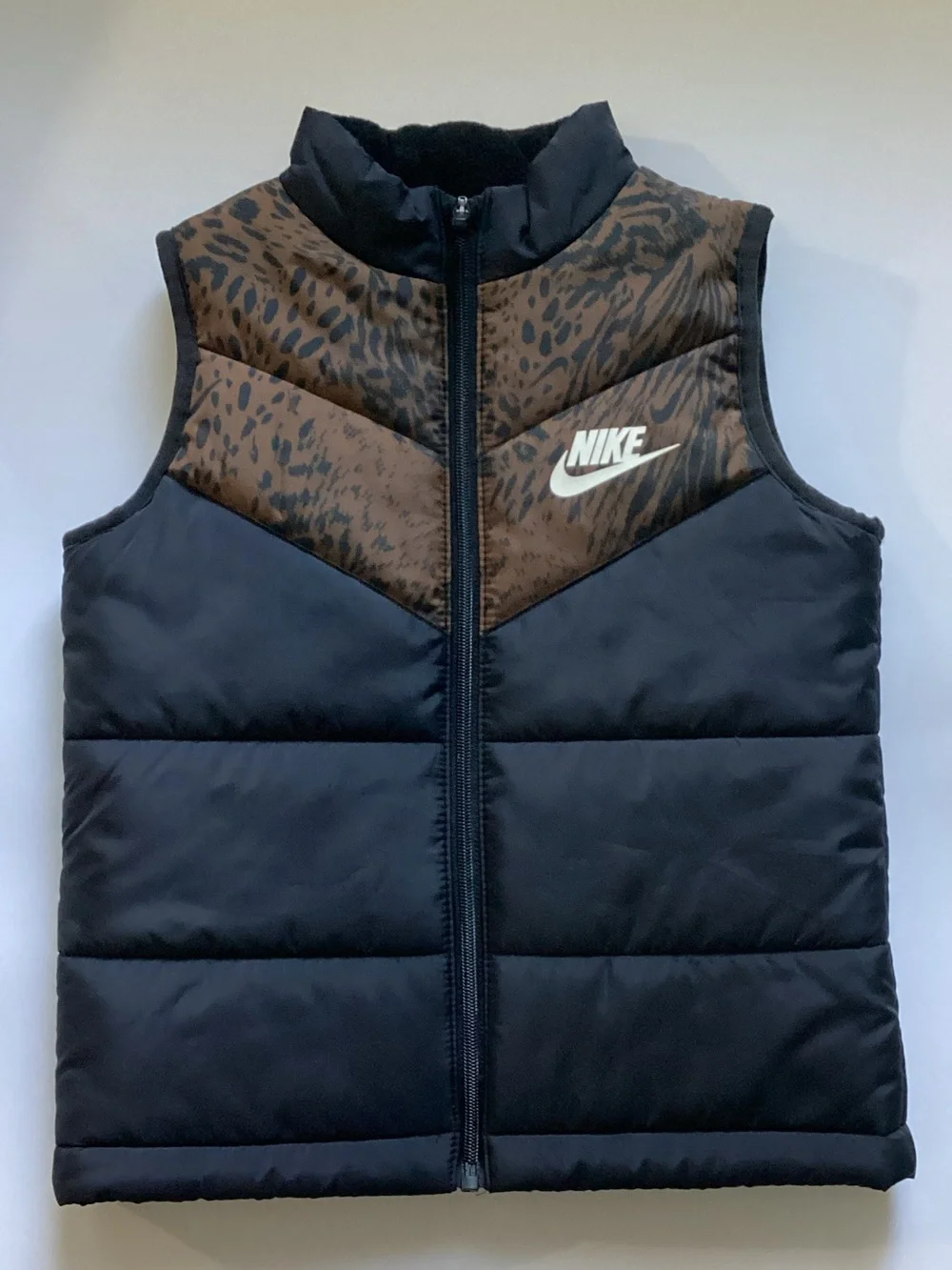 Nike Black and Brown Leopard-Print Puffer Vest